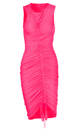 Pick Your Poison <br><span>Fuchsia Pink Sleeveless Round Neck Ruched Asymmetric Bodycon Midi Dress</span>