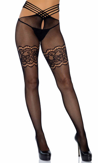 Crossing The Line <br><span>Black Sheer Mesh Fishnet Cut Out Strappy Lace Garter Tights Pantyhose</span>