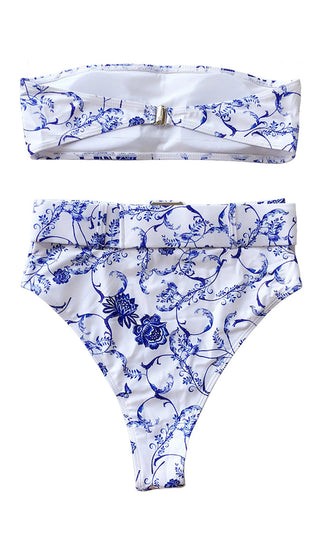 Coconut Water <br><span> White Blue Strapless Bandeau High Waist Brazilian Two Piece Bikini Swimsuit </span>