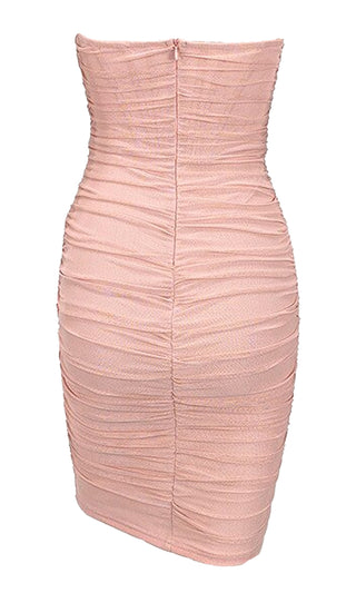 Night Prowl Apricot Pink Sheer Mesh Strapless Scoop Neck Ruched Bodycon Mini Dress