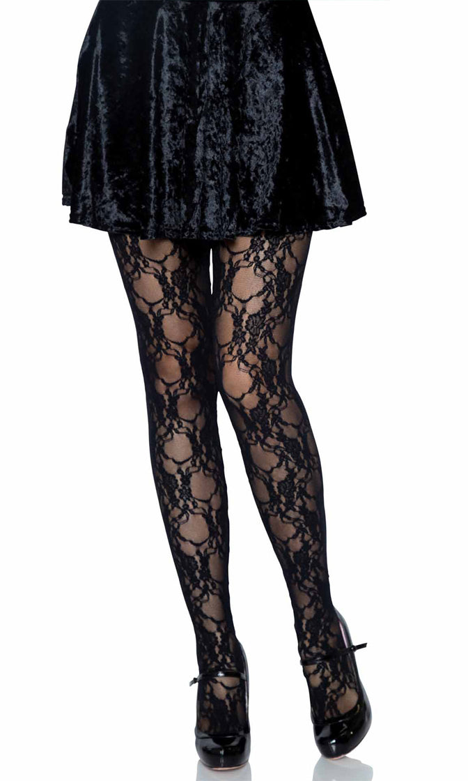 French Flair Black Sheer Lace Floral Pattern Tights Stockings Hosiery ...