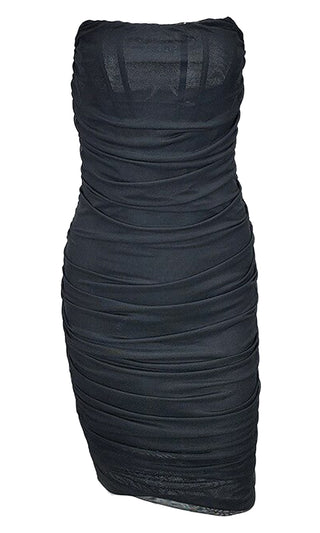 Night Prowl Black Sheer Mesh Strapless Scoop Neck Ruched Bodycon Mini Dress