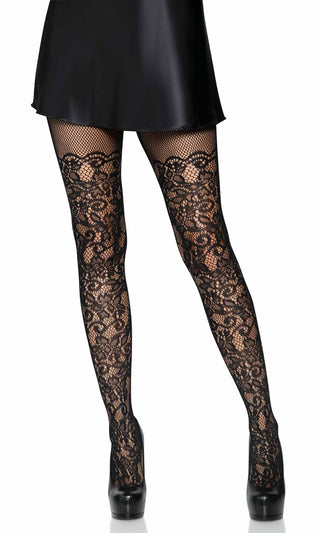 Climbing The Walls<br><span> Black Floral Vine Pattern Sheer Lace Tights Stockings Hosiery</span>