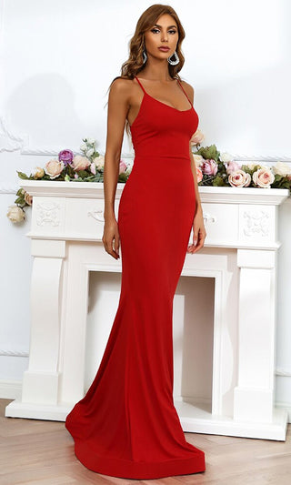 Care To Be Red <br><span>Sleeveless Spaghetti Strap Sweetheart Neckline Cross Tie Lace Up Back Bodycon Mermaid Maxi Dress Gown</span>