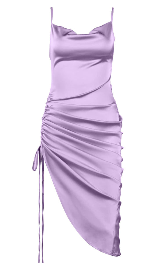 Sophisticated Affair <bR><span>Lavender Sleeveless Spaghetti Strap Draped Neck Ruched Drawstring Asymmetric Midi Dress</span>