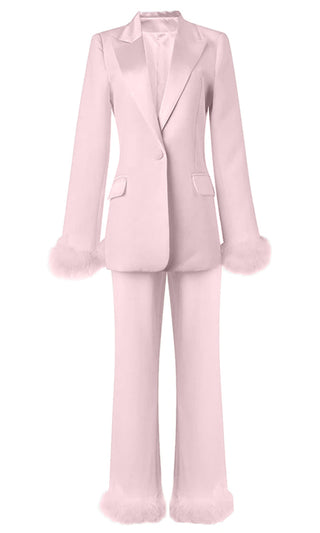 Ground Breaker <br><span>Pink Long Sleeve Single Breast Button Blazer Jacket Feather Trim Trouser Two Piece Suit Set</span>