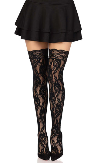 Piece Of Cake<br><span> Black Lace Rose Floral Pattern Thigh High Stockings Tights Hosiery</span>