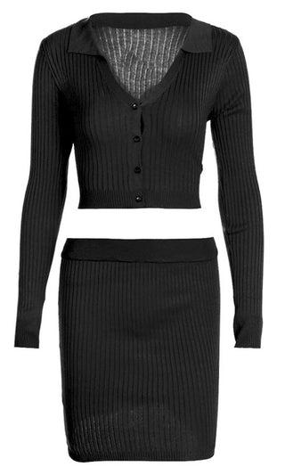 Victory Lap Ribbed Long Sleeve Collar V Neck Button Crop Top Bodycon Mini Skirt Two Piece Casual Dress