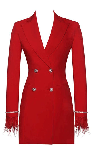 At First Glance <br><span>Red Long Sleeve Double Breasted Crystal Button Fringe Trim Cut Out Back Blazer Mini Dress</span>
