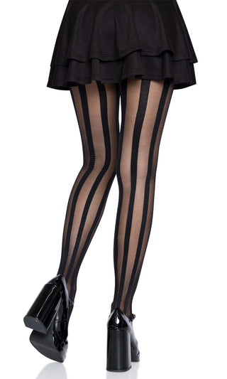 Ups And Downs <br><span>Black Sheer Opaque Vertical Stripe Pattern Tights Stockings Hosiery</span>