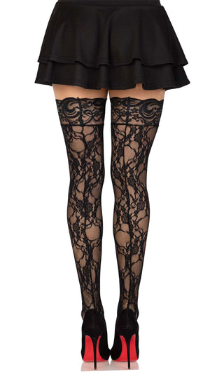 Passion For Life<br><span> Black Lace Floral Pattern Thigh High Stockings Tights Hosiery</span>