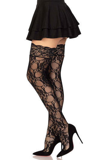 Passion For Life<br><span> Black Lace Floral Pattern Thigh High Stockings Tights Hosiery</span>
