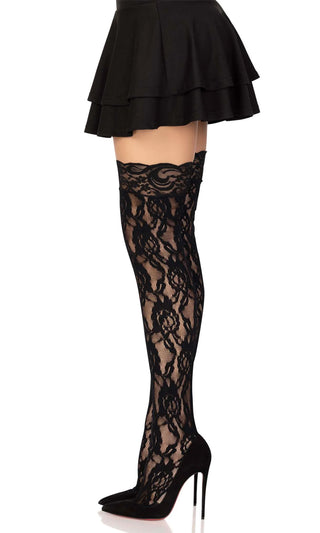 Piece Of Cake Black Lace Rose Floral Pattern Thigh High Stockings
