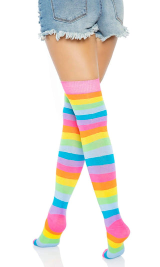 Rainbow Kisses <br><span>Neon Multicolor Stripe Pattern Thigh High Stockings Tights Hosiery</span>