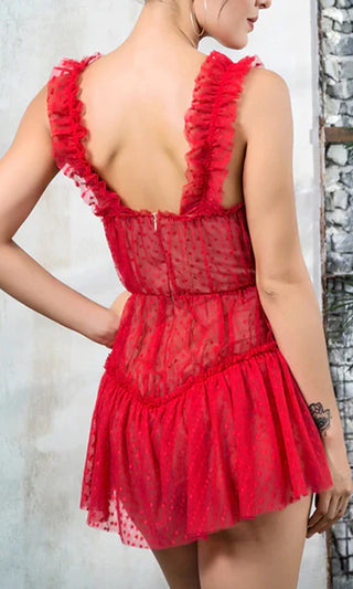 Friendly Rivalry Red Sheer Lace Dot Pattern Sleeveless Ruffle Sweetheart Neck Lingerie Romper Playsuit