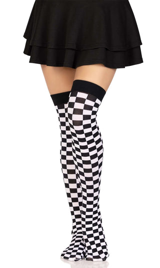 Living In Wonderland <br><span>Black White Checkerboard Geometric Pattern Thigh High Stockings Tights Hosiery</span>
