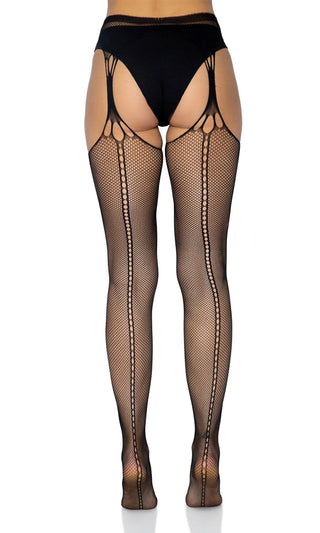 Leather And Lace <br><span>Black Sheer Net Cut Out Garter Belt Stockings Tights Hosiery</span>