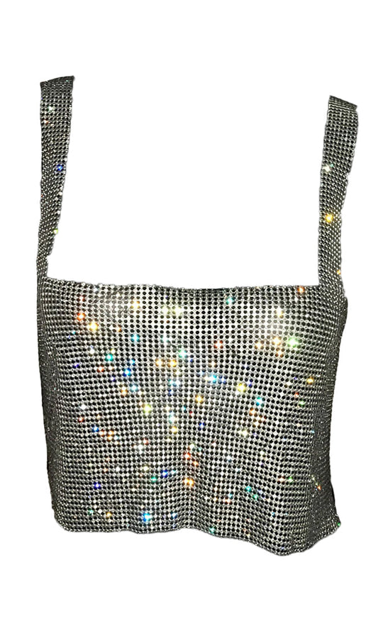 Blame It On Me <br><span>Silver Rhinestone Metal Mesh Sleeveless Square Neck Backless Crop Tank Top</span>