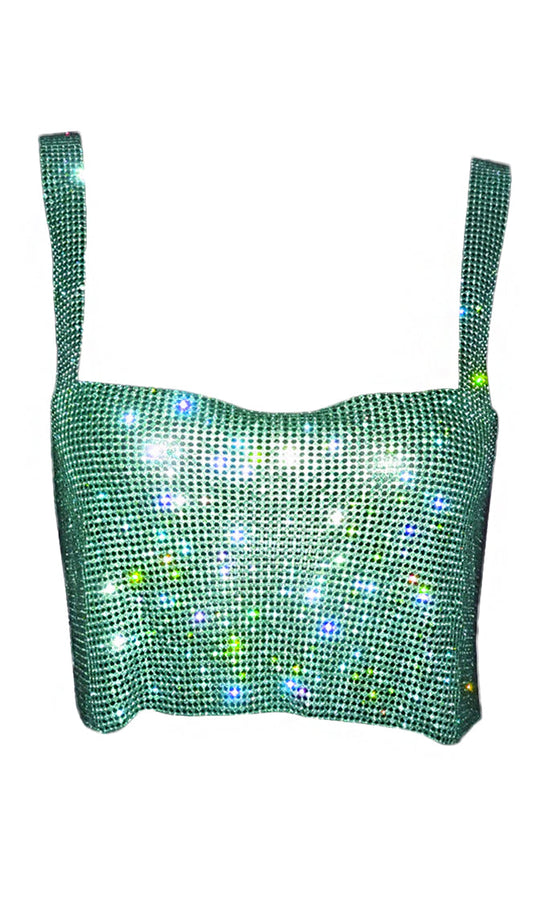 Blame It On Me <br><span>Green Rhinestone Metal Mesh Sleeveless Square Neck Backless Crop Tank Top</span>