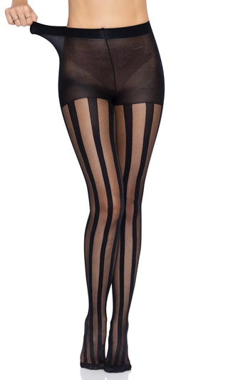 Ups And Downs <br><span>Black Sheer Opaque Vertical Stripe Pattern Tights Stockings Hosiery</span>