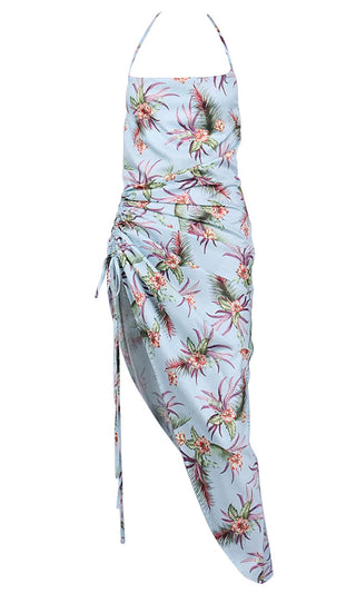 Blooming Lover <br><span>Pink Floral Pattern Sleeveless Spaghetti Strap Halter Ruched Side Asymmetric Maxi Dress</span>