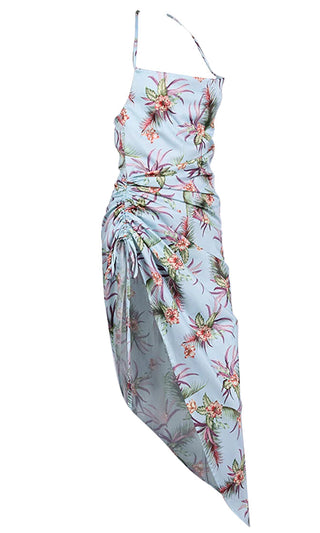 Blooming Lover <br><span>Sky Blue Floral Pattern Sleeveless Spaghetti Strap Halter Ruched Side Asymmetric Maxi Dress</span>