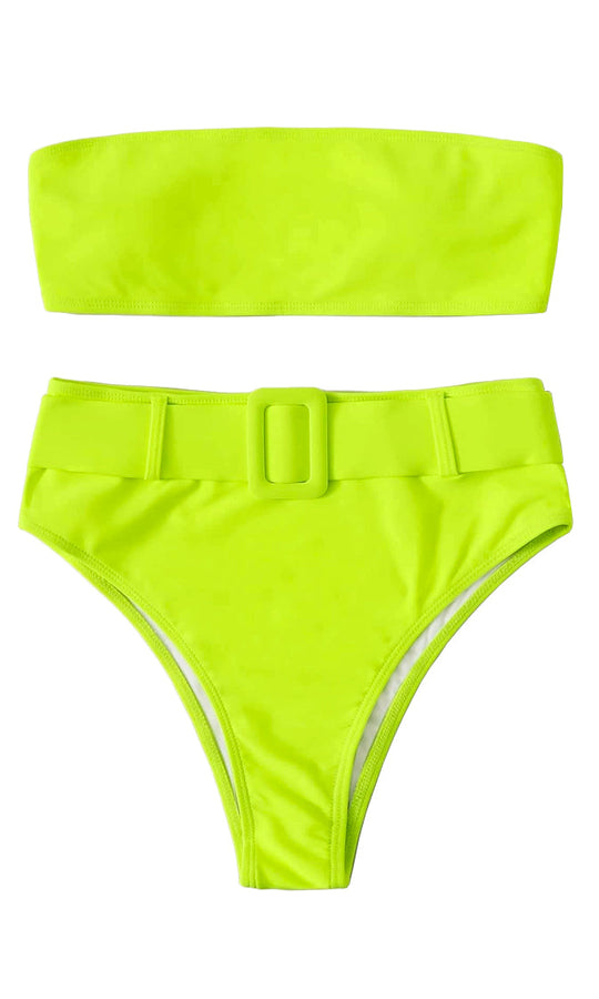 Coconut Water <br><span> Neon Green Strapless Bandeau High Waist Brazilian Two Piece Bikini Swimsuit </span>