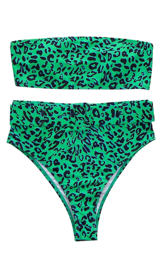 Coconut Water <br><span> Green Leopard Strapless Bandeau High Waist Brazilian Two Piece Bikini Swimsuit </span>