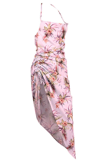 Blooming Lover <br><span>Pink Floral Pattern Sleeveless Spaghetti Strap Halter Ruched Side Asymmetric Maxi Dress</span>