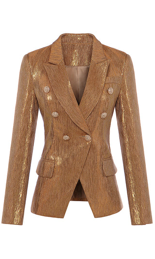 Posh Attitude Gold Metallic Long Sleeve Double Breasted Button Blazer Jacket Outerwear