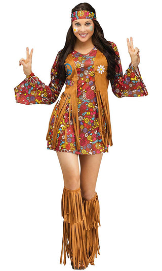 Hippie Princess <br><span>Brown Red Floral Print Long Bell Sleeve Fringe Vest Mini Dress Costume</span>
