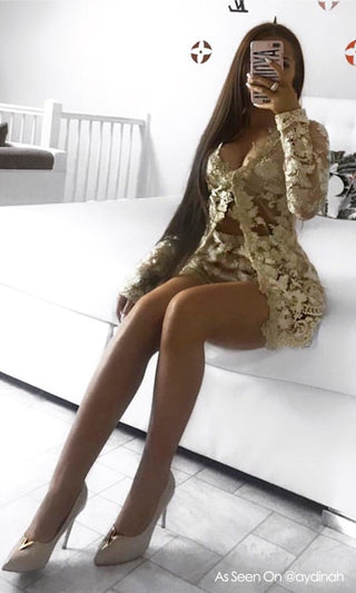 Indie XO Free From You Gold Sheer Mesh Lace Long Sleeve Plunge V Neck Outerwear Jacket Scalloped Shorts Two Piece Set Romper