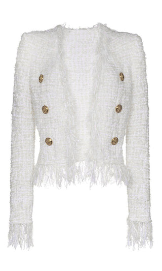 Forever Mine White Boucle Tweed Fringe Tassel Long Sleeve Round Neck Gold Button Jacket Outerwear