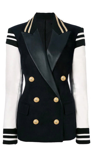 Back To School<br><span> White Black Varsity Faux Leather Double Breasted Striped Gold Button Blazer Outerwear Jacket Coat</span>