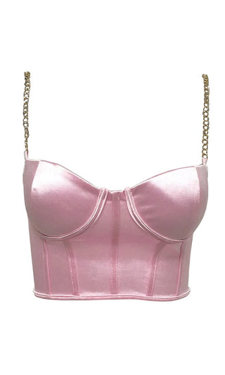 Take It Off Pink Satin Sleeveless Chain Strap Padded Bustier Crop Tank Top