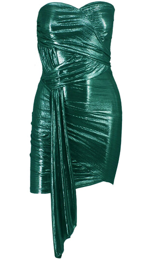 A Listed Metallic Strapless Sash Waist Ruched Sweetheart Asymmetrical Hem Tube Mini Dress