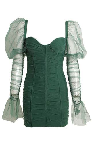 A Work Of Art <br><span>Green Sheer Mesh Long Sleeve Flare Cuff Puff Shoulder Bustier Bodycon Mini Dress</span>