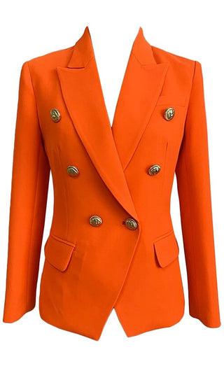 Working Smarter Orange Long Sleeve Gold Button V Neck Lapel Blazer Jacket Outerwear