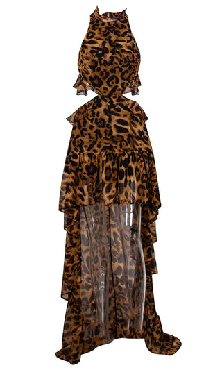 True Confessions Brown Black Leopard Print Animal Pattern Sleeveless Ruffle Cut Out Backless High Low Maxi Dress