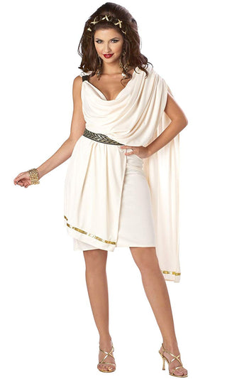 Athenian Princess <br><span>Cream Gold Draped One Shoulder Wrap Belt Toga Mini Dress Costume</span>