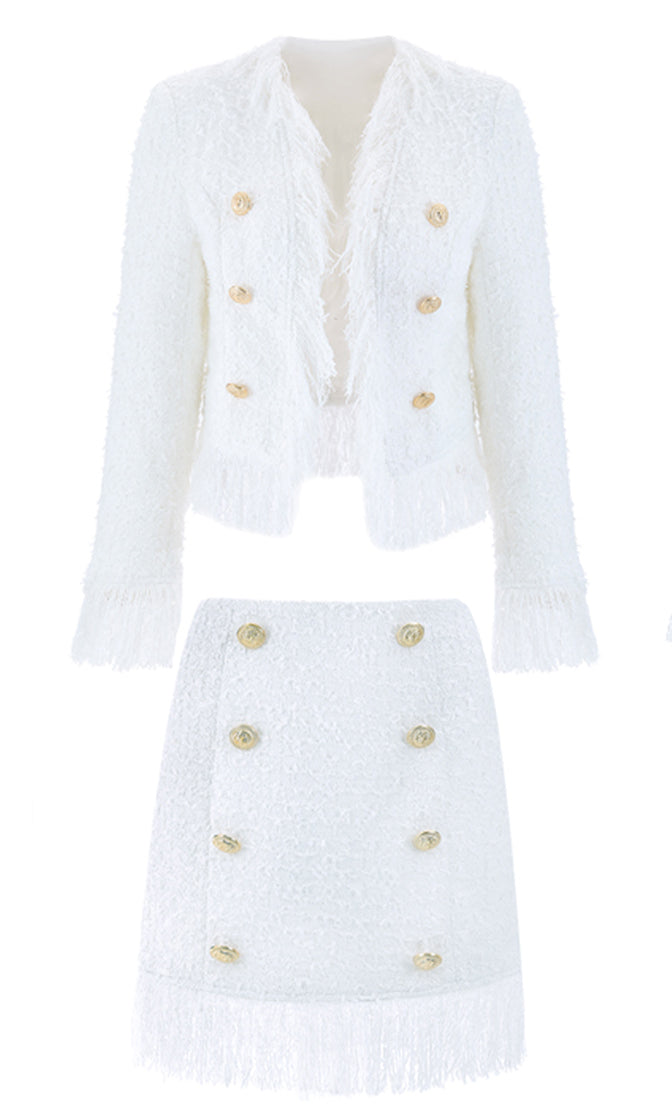 New In Town White Tweed Fringe Tassel Long Sleeve Blazer Jacket