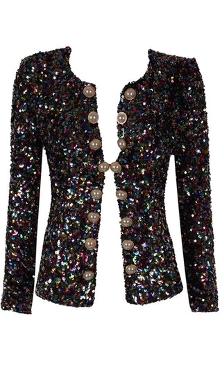 Throwing Confetti Black Pearl Button Multicolored Sequin Long Sleeve Crop Outerwear Jacket