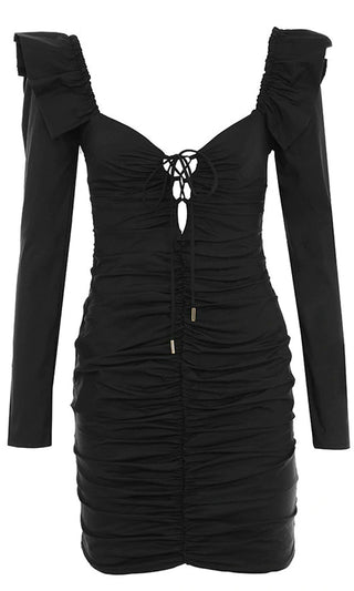 Own The Night Black Ruffle Shoulder Lace Up Ruched Long Sleeve Bodycon Mini Dress