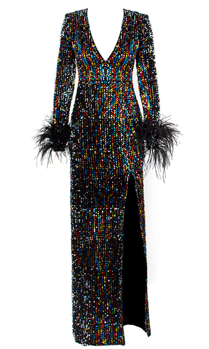 Moon Glow Black Multicolor Sequin Feather Trim Long Sleeve V Neck Side ...