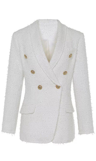 Above And Beyond White Tweed Double Lapel Gold Button V Neck Coat Blazer Outerwear
