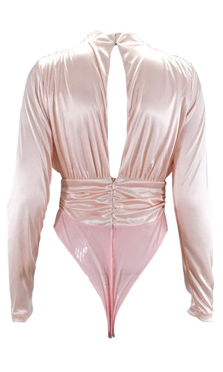 Glam Queen Pink Long Sleeve Shirred Draped Mock Neck Keyhole Back Bodysuit Top