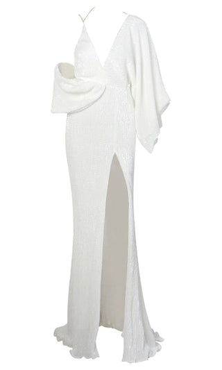 Kiss Me Now White Sequin Asymmetric Chain One Long Kimono Sleeve Drape Backless Cross Wrap V Neck Split Maxi Dress