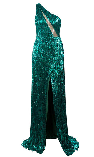 Treasure Seeker Green Sequin Sleeveless One Shoulder Cut Out Split Front Maxi Dress