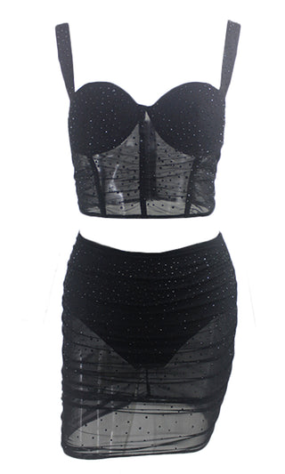 Midnight Desire Sheer Mesh Rhinestone Sleeveless V Neck Bustier Crop Top Two Piece Bodycon Mini Dress - 2 Colors Available
