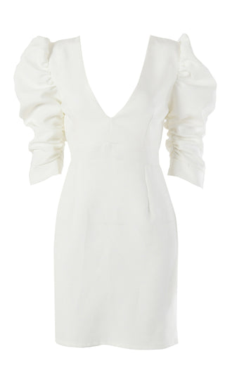 Angel On Display White Short Puff Sleeve Plunge V Neck Cut Out Back Bodycon Mini Dress